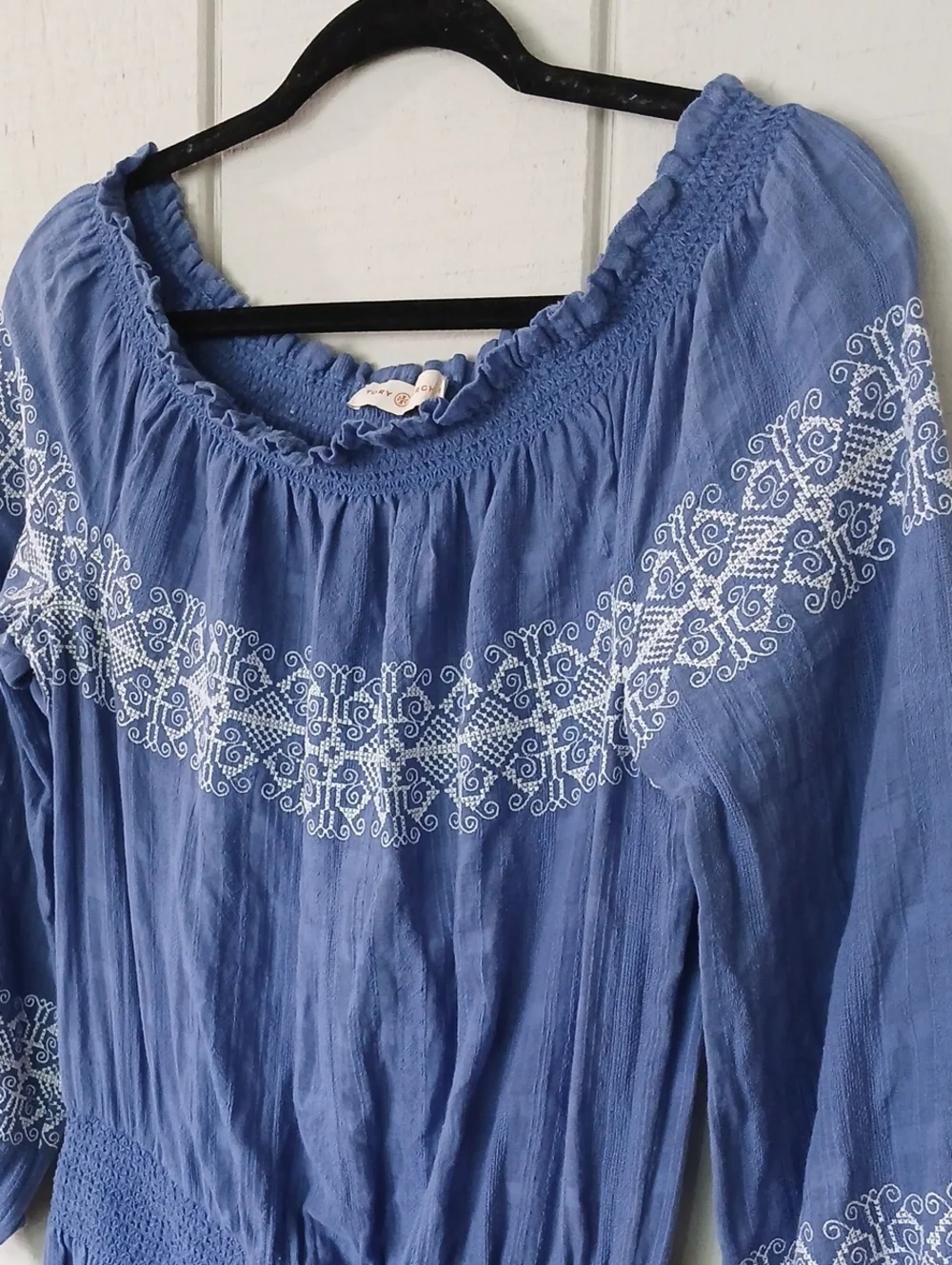 Tory Burch Loretta Tunic Blue Off-the-Shoulder Embroidered Dress Size Medium
